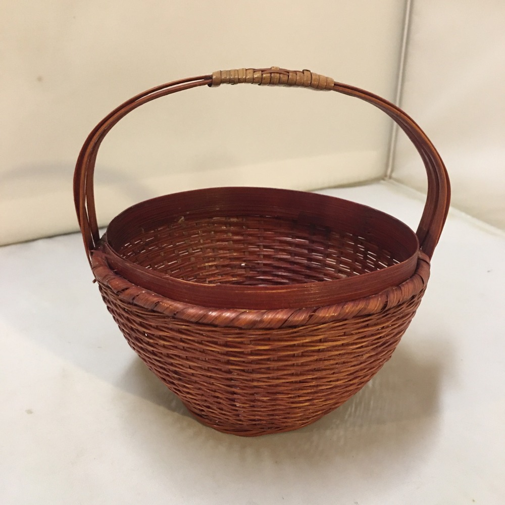 Primitive Woven Wicker Basket Small Red Brown Round Handle Rustic Berry Gather